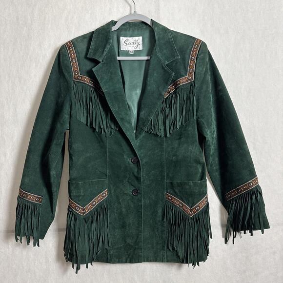 Scully Jackets & Blazers - Scully Women's 10 Green Genuine Leather Navajo Patch Pocket Up Fringe Jacket